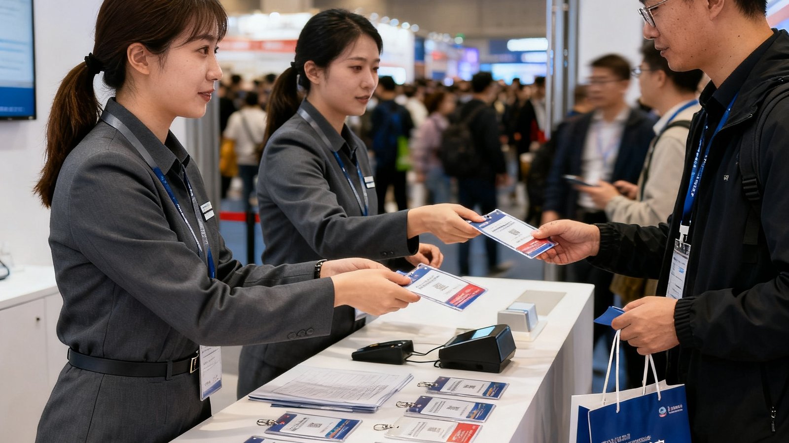 商务礼遇签到现场：展会入口处设置专属的商务嘉宾接待台，台面摆放着整齐的嘉宾证卡和展会资料袋，两位身着统一深灰制服的接待员正在为排队嘉宾快速核验身份并递送资料包，背景可见展馆内熙攘的参观人流。
