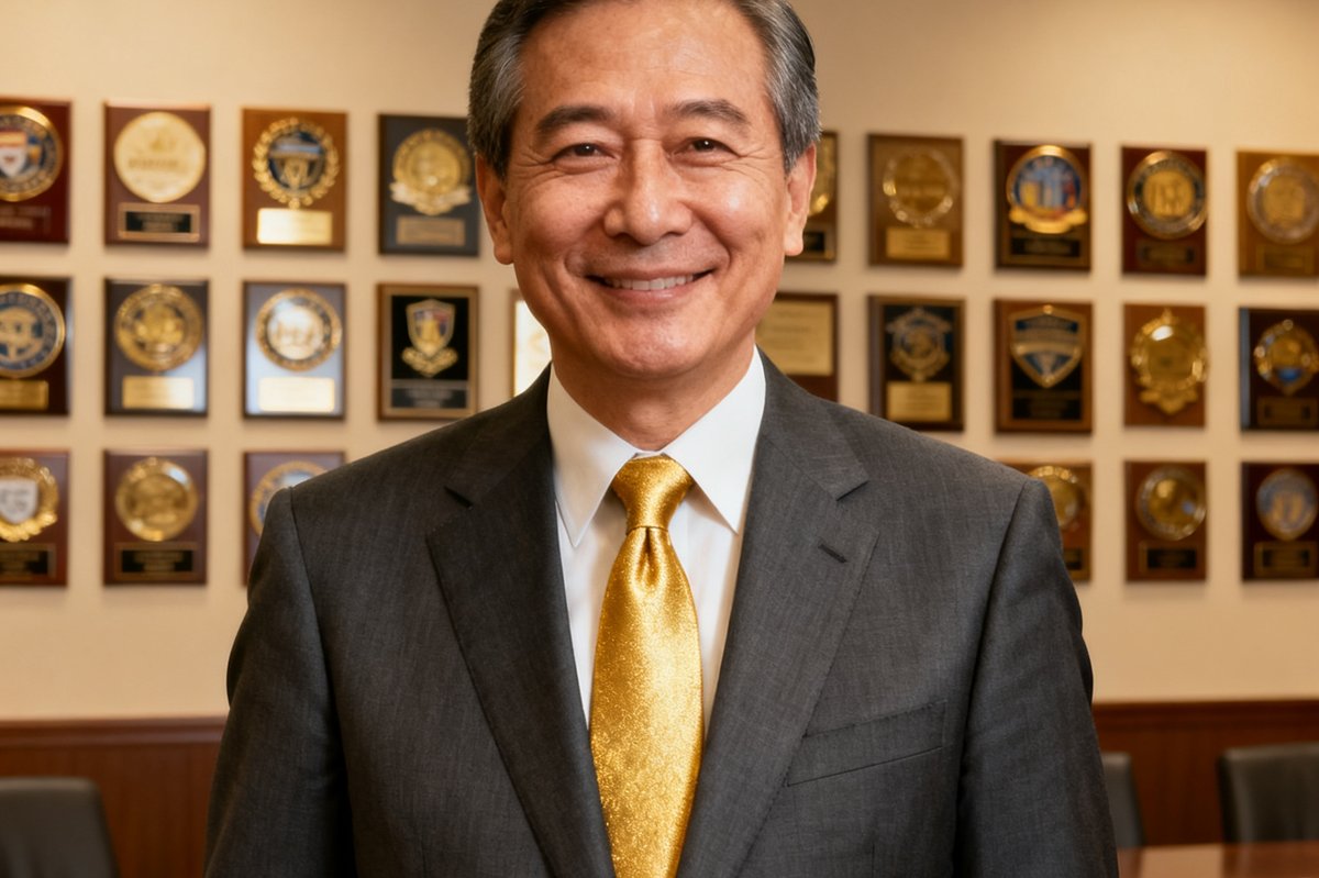 创始人林振华先生的商务肖像：五十岁出头的男士，身着深灰色定制西装搭配金色领带，面带温和而自信的微笑，背景是公司总部会议室内一面挂满展会纪念徽章的展示墙。