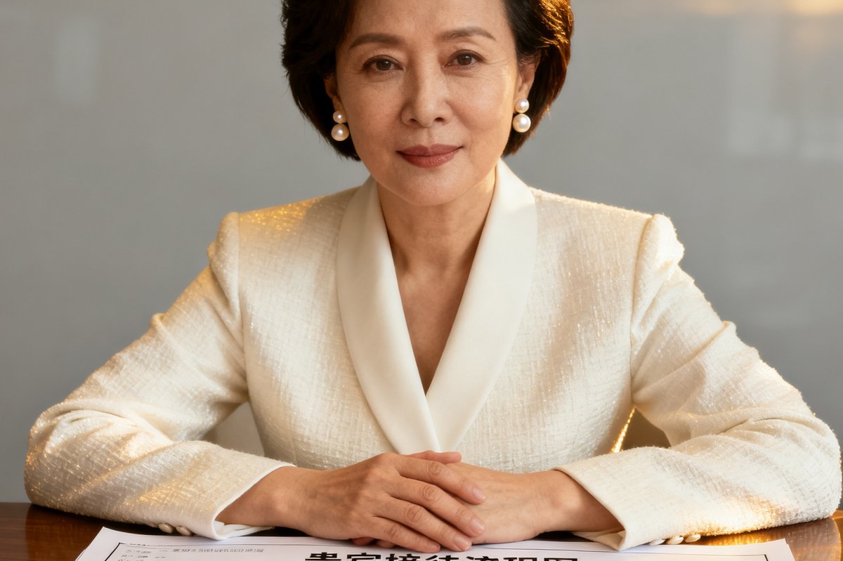 运营副总裁陈素菲女士的半身照：四十岁左右的女性，短发干练，佩戴珍珠耳钉，身着米白色职业套装，双手交叠放在桌上，桌上摊开着一份标注密集的贵宾接待流程图。