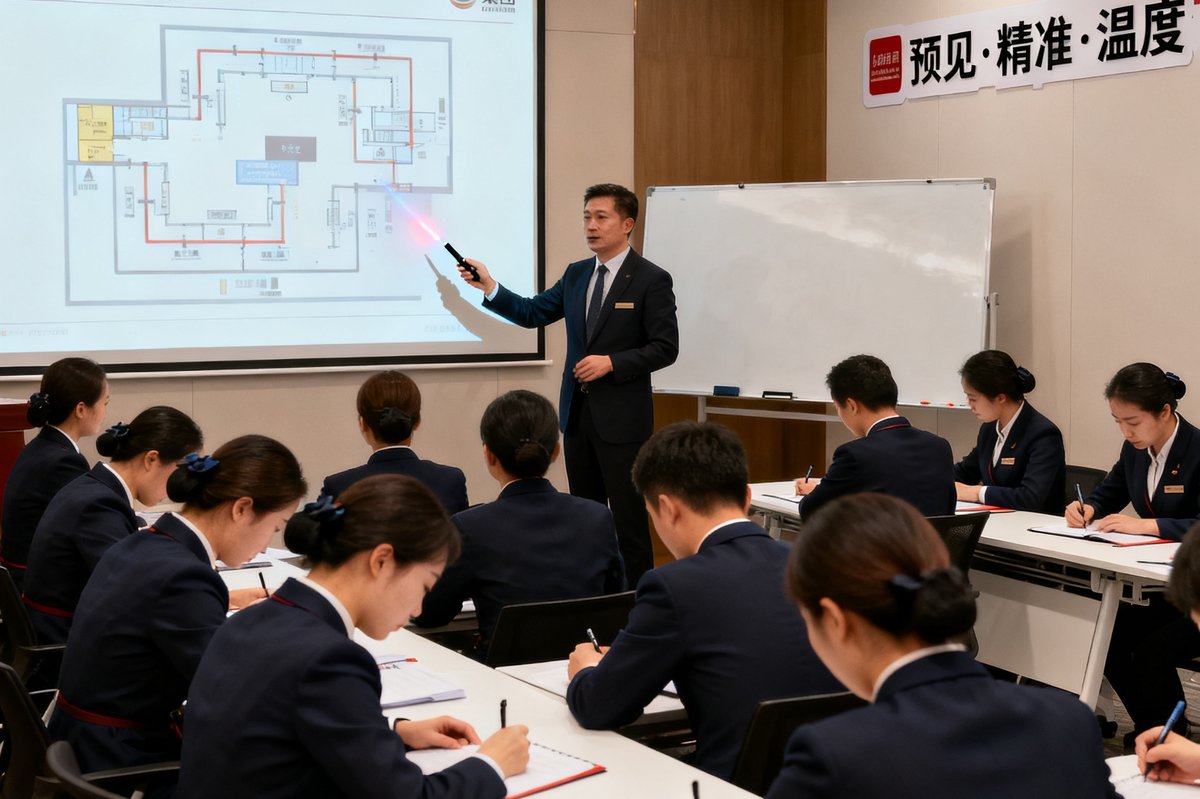 培训总监王国辉先生正在培训教室授课的场景：他站在白板前用激光笔指点着投影幕布上的贵宾动线图，台下二十余位身着统一制服的礼宾专员认真做着笔记，教室一侧的墙上贴着「预见·精准·温度」的集团标语。